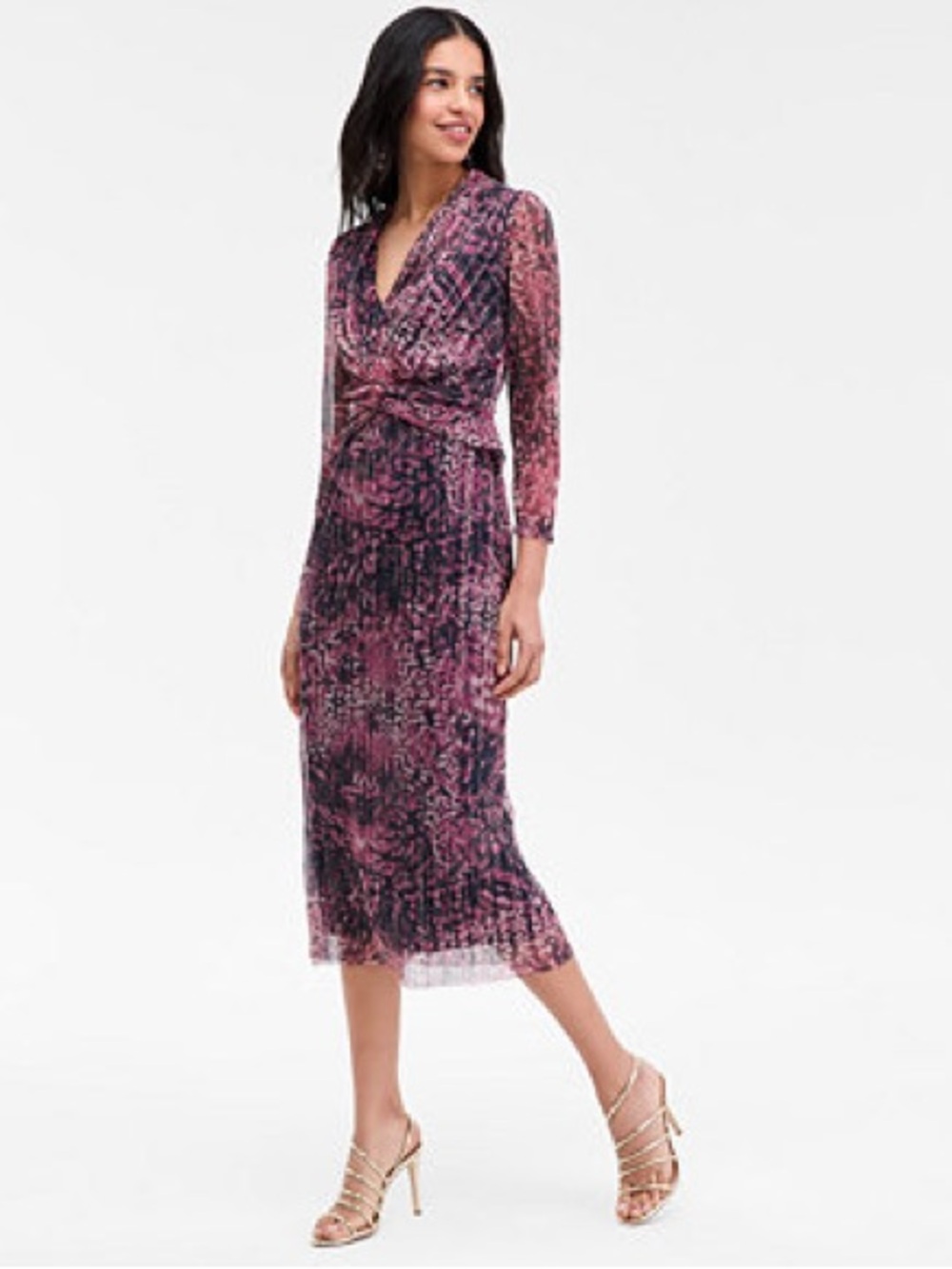 Anne Klein Metallic Stripe Lotus Pink Multi Long Sleeve Midi Dress Size 10 NWT - Picture 3 of 6